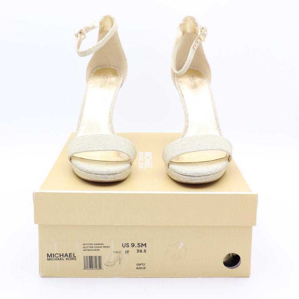 NIB Michael Kors Hutton Gold Glitter Chain Mesh Ankle Strap Sandals - Picture 2 of 7
